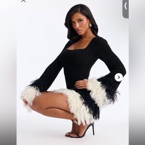 Fashion Nova Black and White Feather Trim Dress